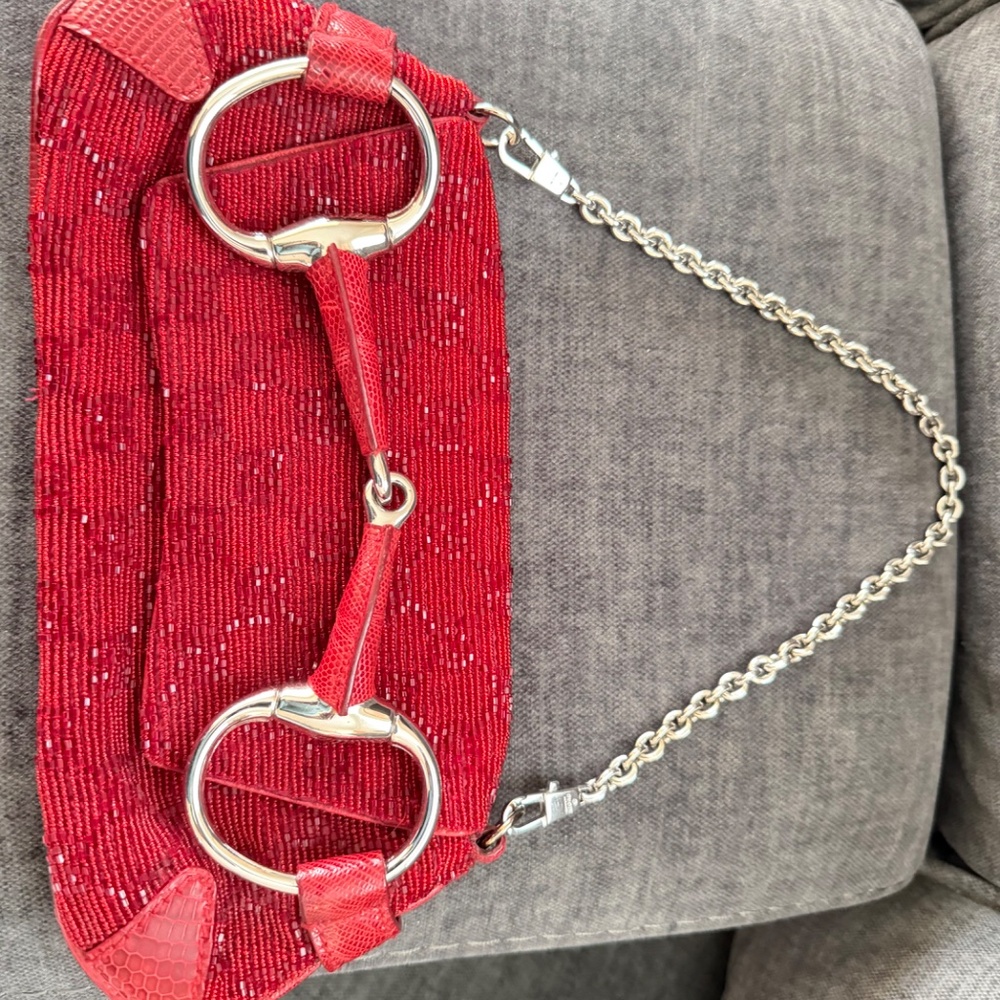 Gucci red Crystal GG beaded handbag with lizard skin and silver horsebit - Picture 3 of 11
